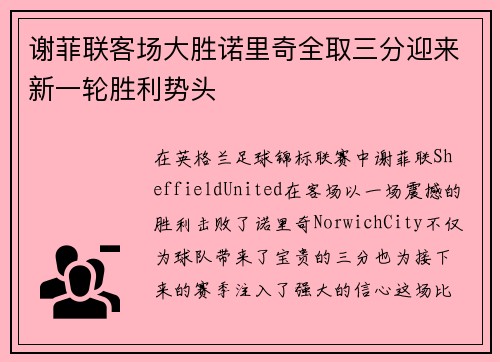 谢菲联客场大胜诺里奇全取三分迎来新一轮胜利势头
