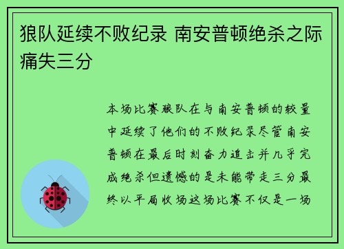 狼队延续不败纪录 南安普顿绝杀之际痛失三分