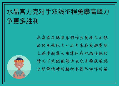 水晶宫力克对手双线征程勇攀高峰力争更多胜利