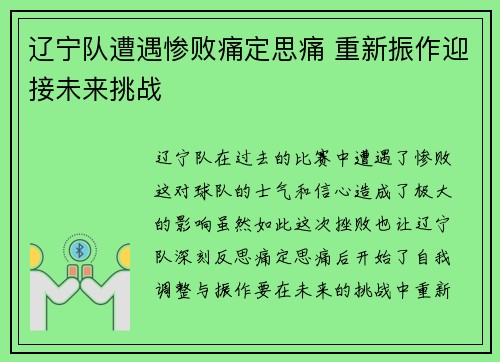 辽宁队遭遇惨败痛定思痛 重新振作迎接未来挑战