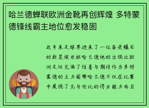哈兰德蝉联欧洲金靴再创辉煌 多特蒙德锋线霸主地位愈发稳固